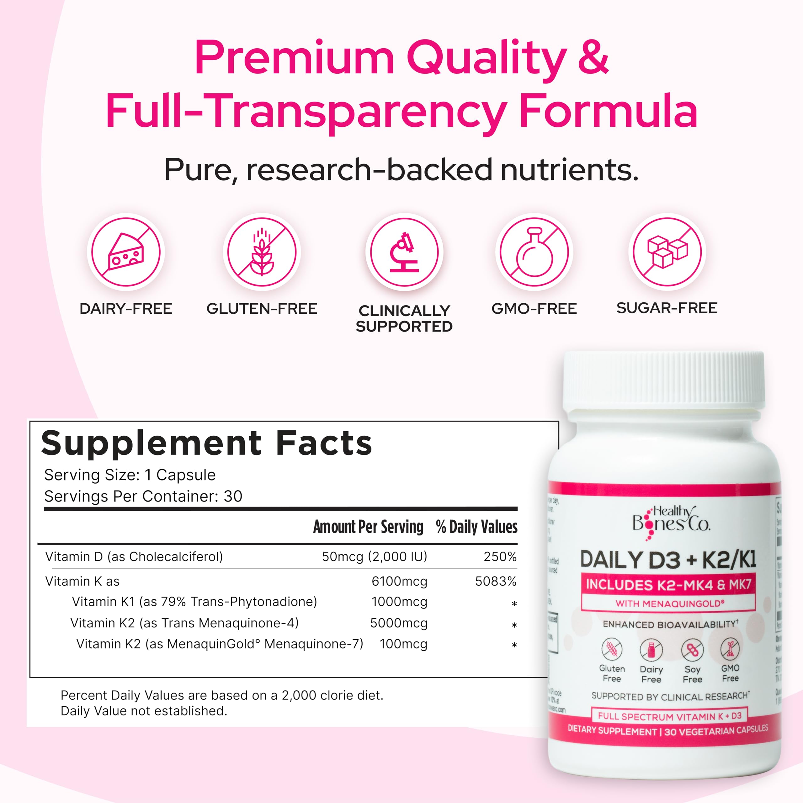 Healthy Bones Co Premium D3 K2 capsules close-up for daily intake