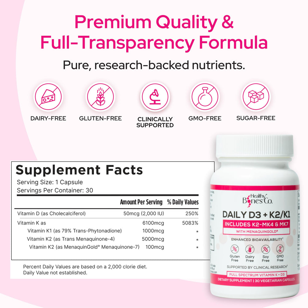 Healthy Bones Co Premium D3 K2 capsules close-up for daily intake