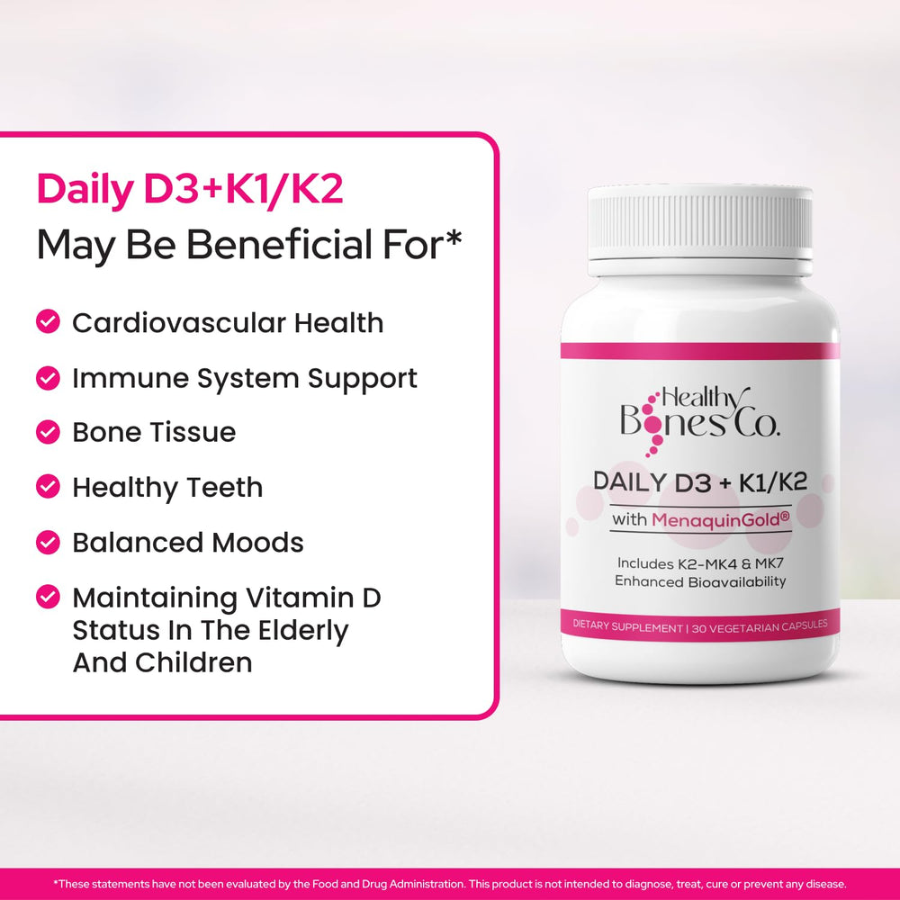 Healthy Bones Co Premium D3 K2 label highlights full-spectrum K1 and K2