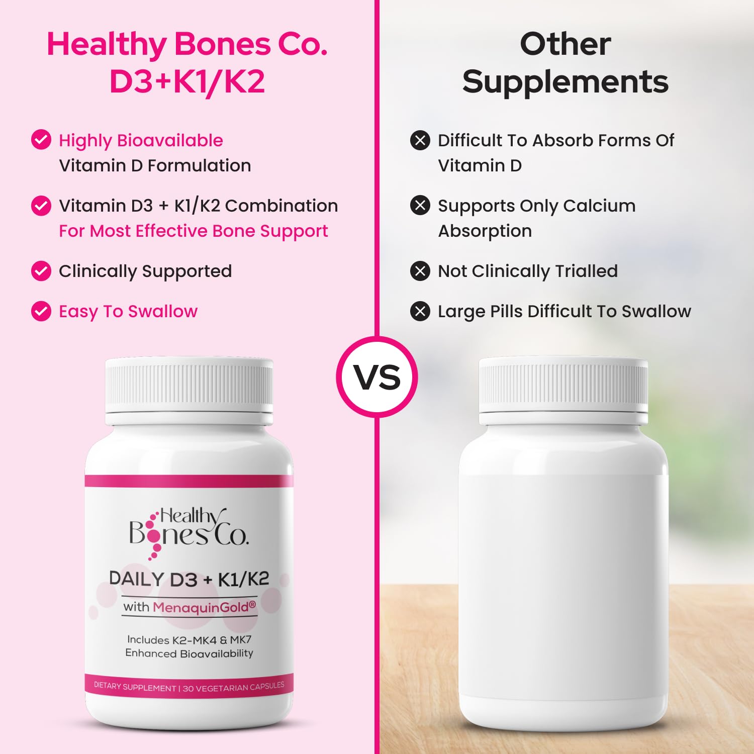 Healthy Bones Co Vegan formula label emphasizing vegan, gluten-free, dairy-free
