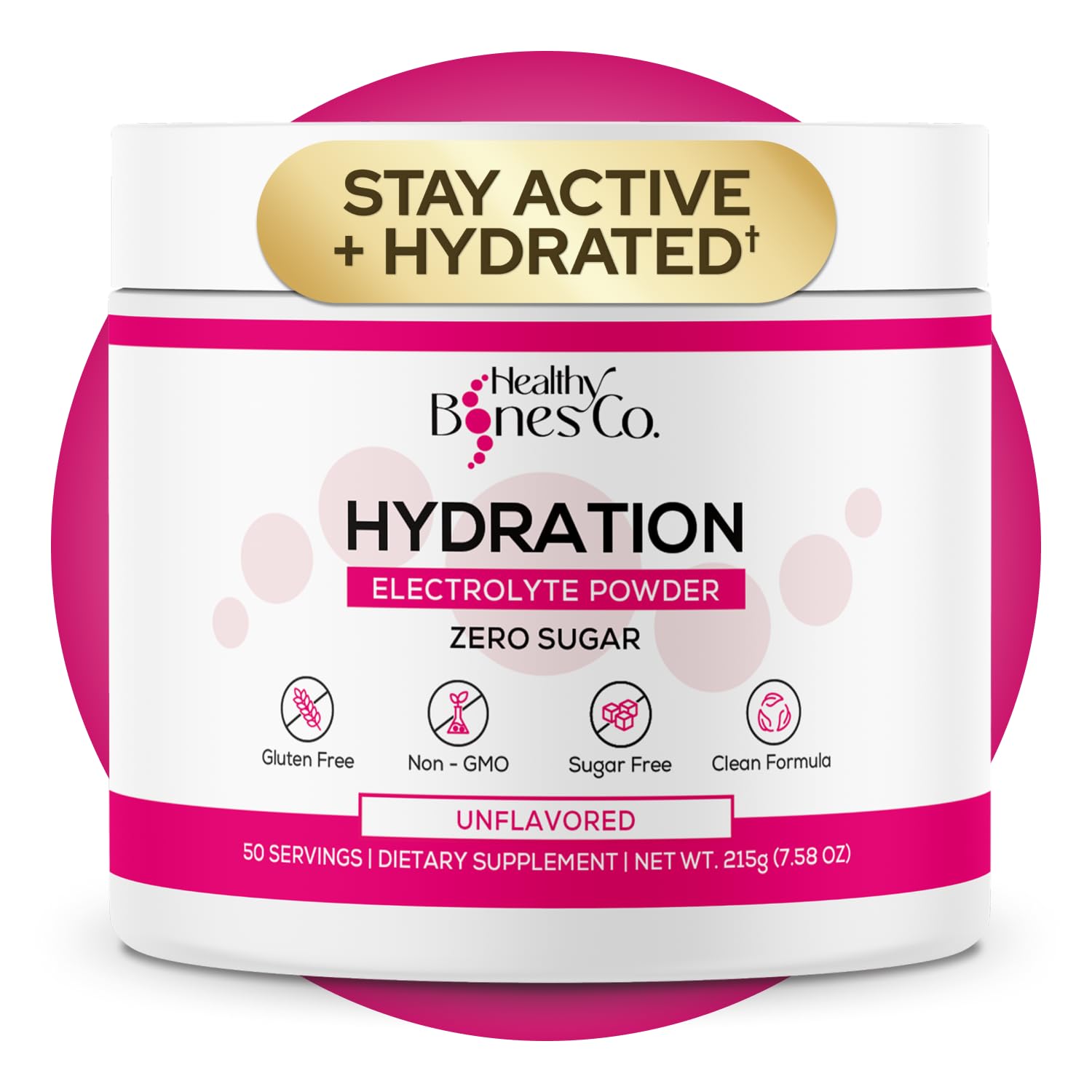 Healthy Bones Co sugar-free electrolyte powder bottle ready for hydration