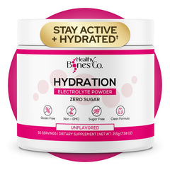 Healthy Bones Co sugar-free electrolyte powder bottle ready for hydration