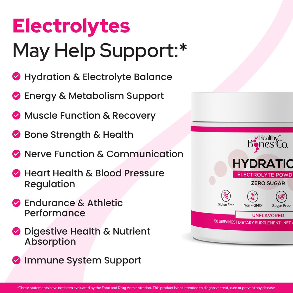 Healthy Bones Co electrolyte powder dissolving in water for a clean, neutral drink