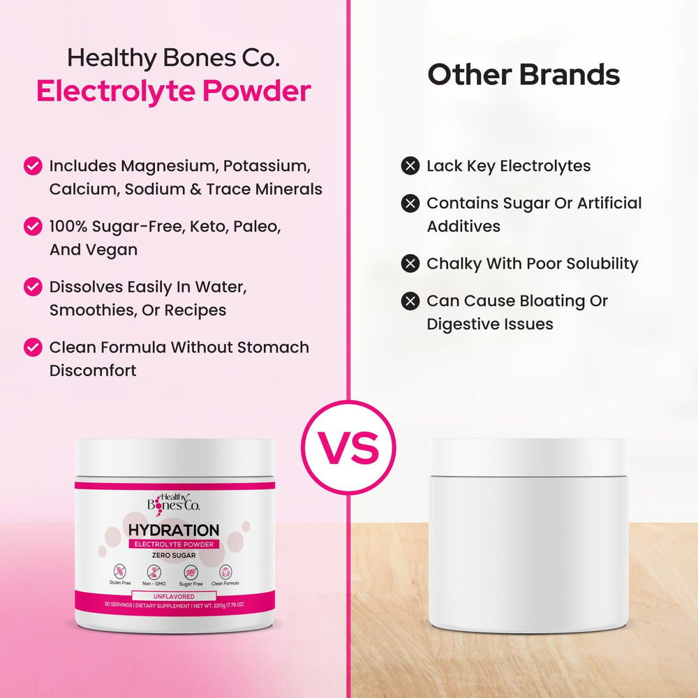 Healthy Bones Co unflavored electrolyte powder with scoop for easy mixing