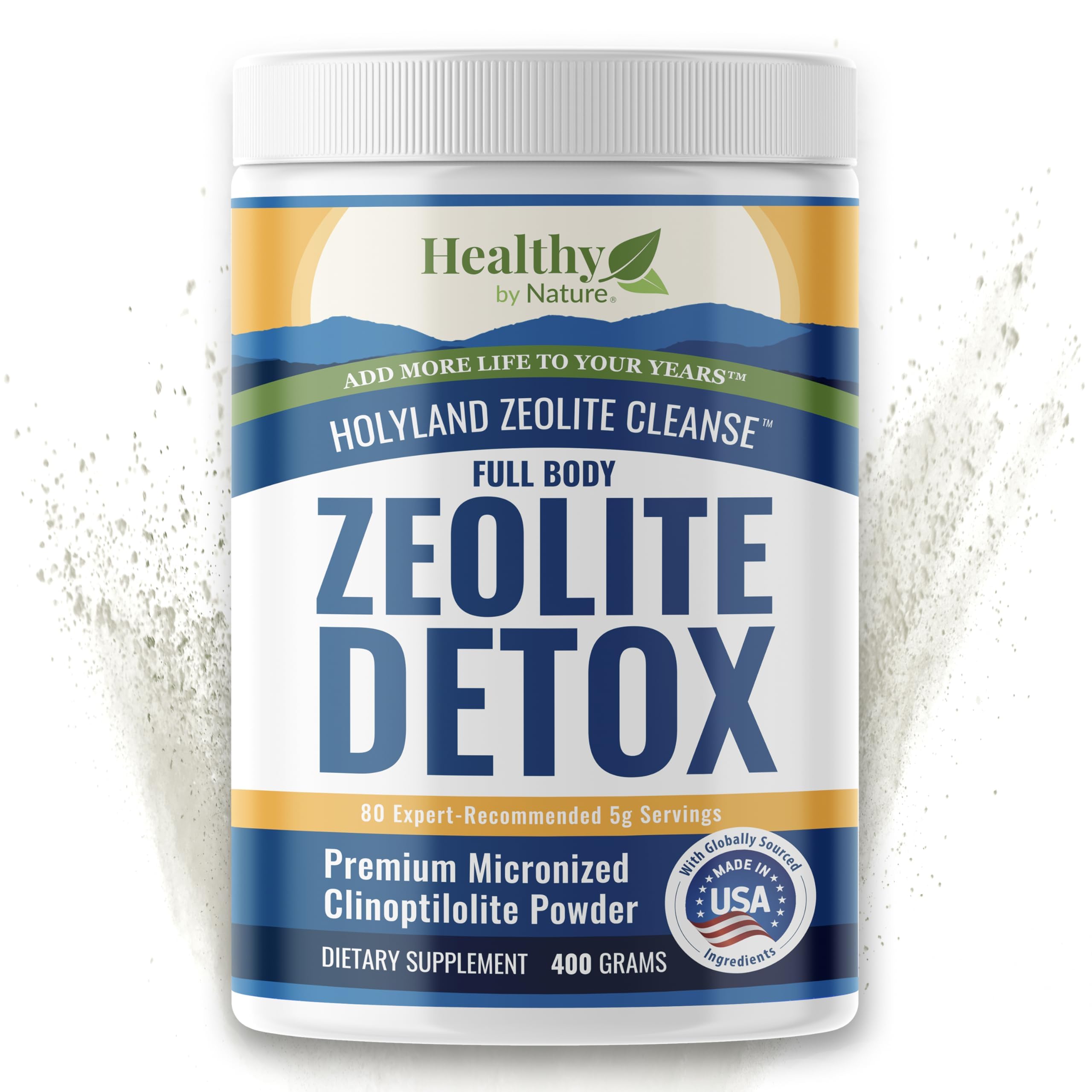 Healthy by Nature HolyLand Zeolite powder in a 400g jar for potential energy support.