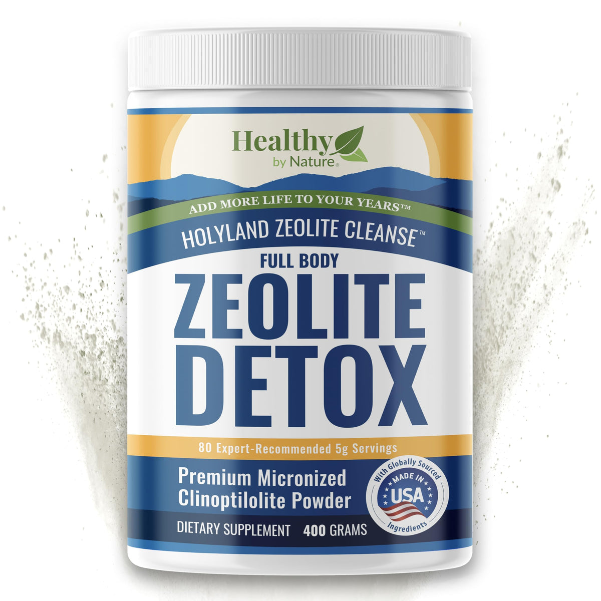 Healthy by Nature HolyLand Zeolite powder in a 400g jar for potential energy support.