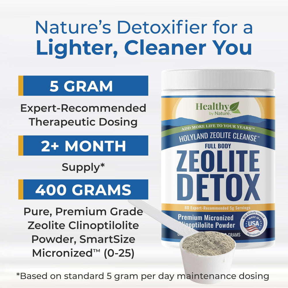 Healthy by Nature Zeolite powder with scoop resting in jar for easy dosing.