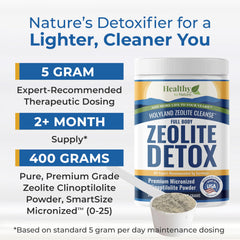 Healthy by Nature Zeolite powder with scoop resting in jar for easy dosing.