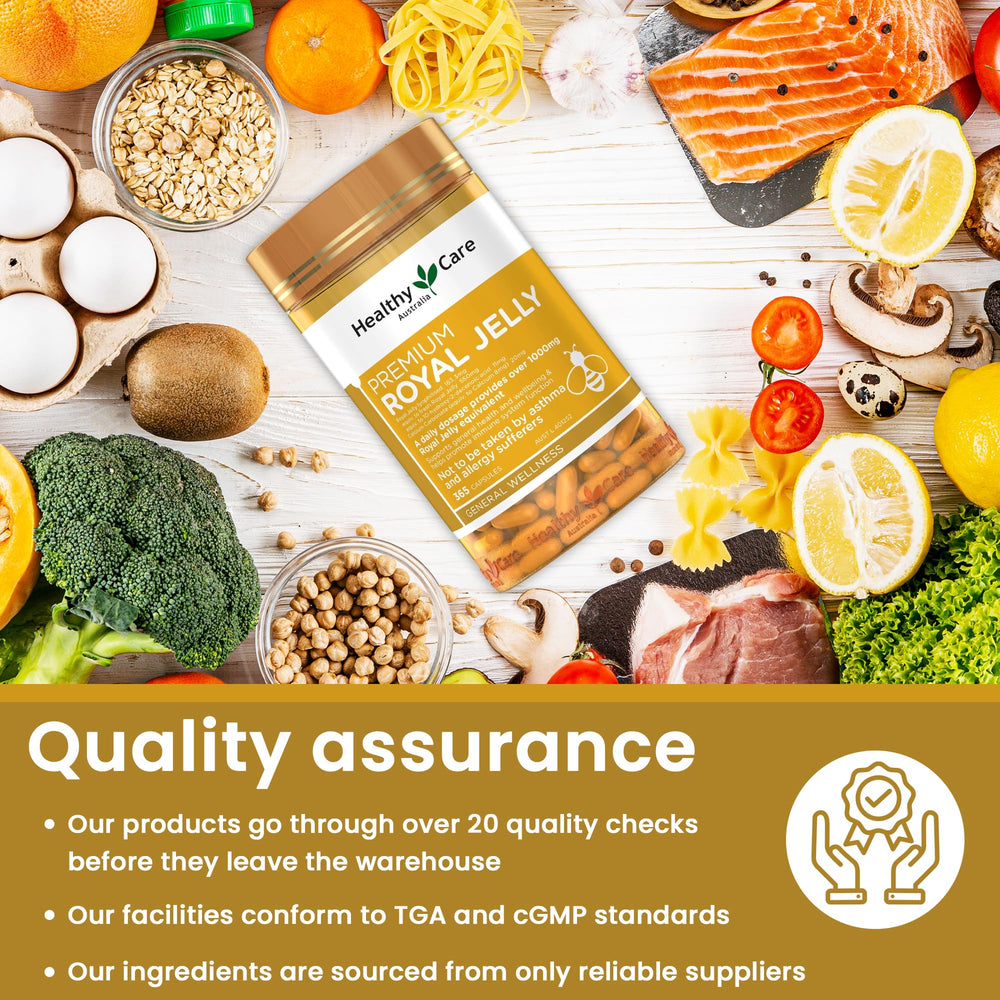 Healthy Care Royal Jelly 1000 jar pouring capsules for on-the-go intake.