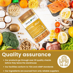 Healthy Care Royal Jelly 1000 jar pouring capsules for on-the-go intake.