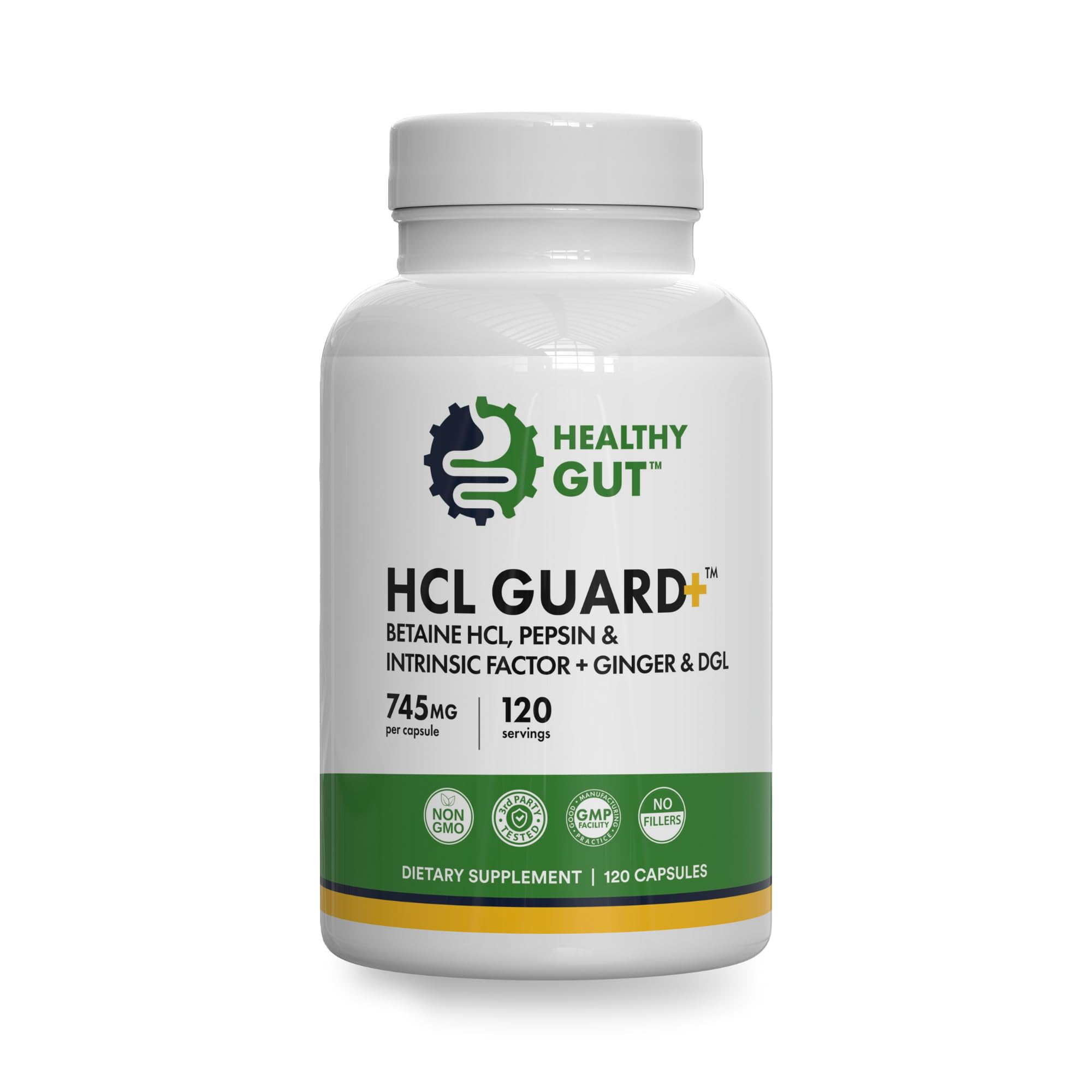 Healthy Gut HCL Guard bottle pouring capsules for digestion support after meals.