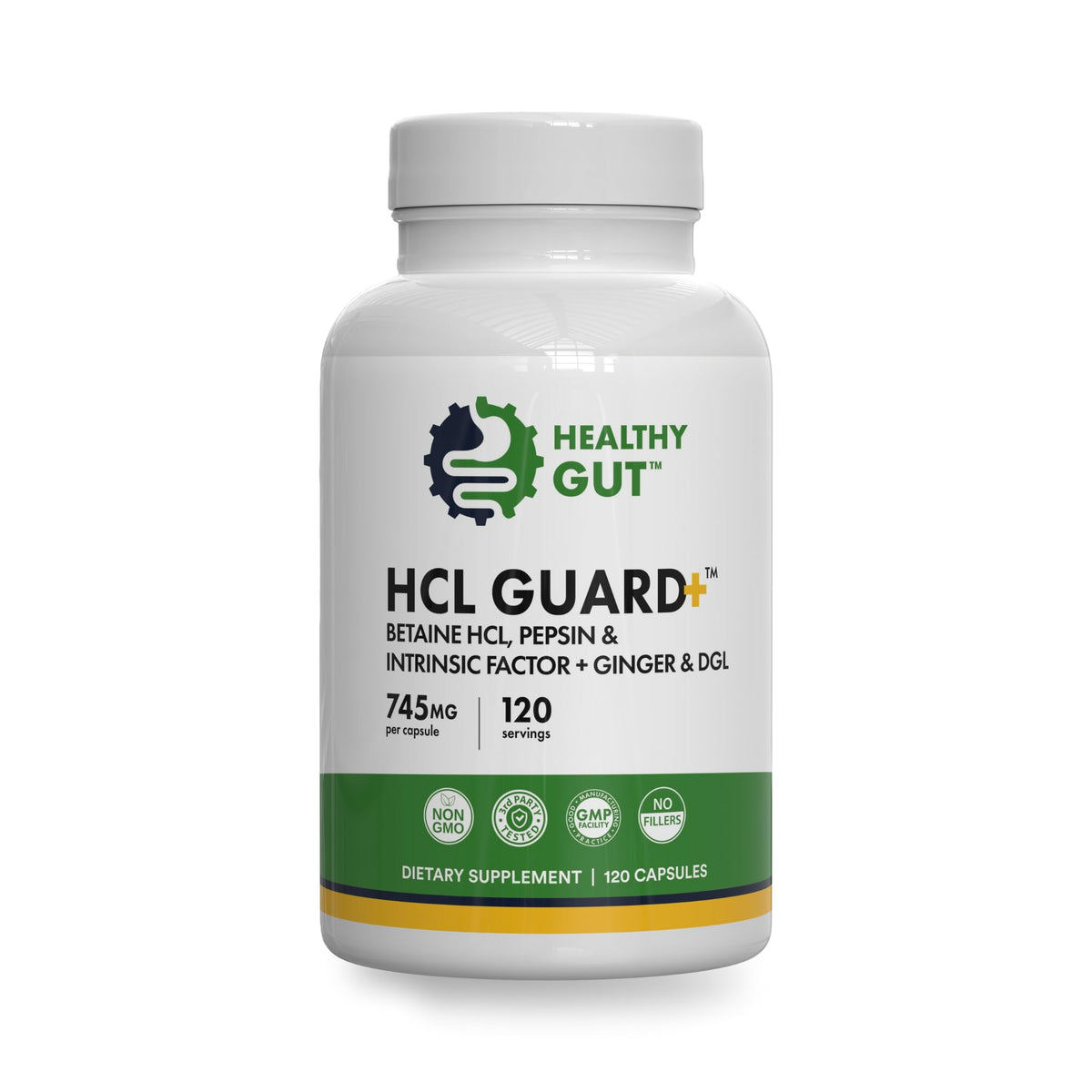 Healthy Gut HCL Guard bottle pouring capsules for digestion support after meals.