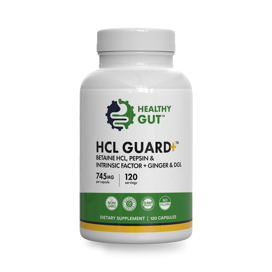 Healthy Gut HCL Guard bottle pouring capsules for digestion support after meals.