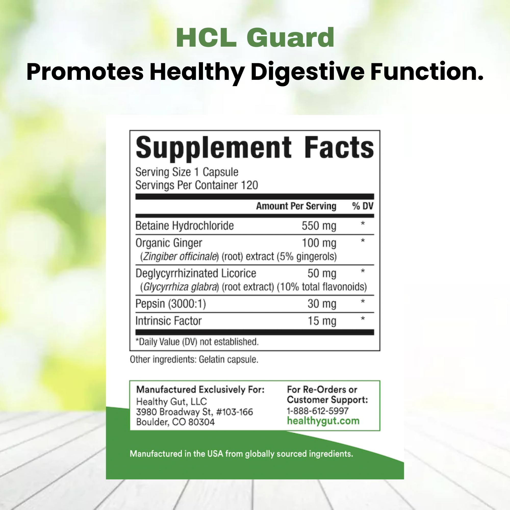 Healthy Gut HCL Guard capsules close-up highlighting pork-based pepsin and betaine.