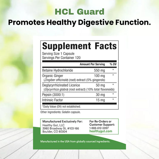 Healthy Gut HCL Guard capsules close-up highlighting pork-based pepsin and betaine.