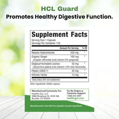 Healthy Gut HCL Guard capsules close-up highlighting pork-based pepsin and betaine.
