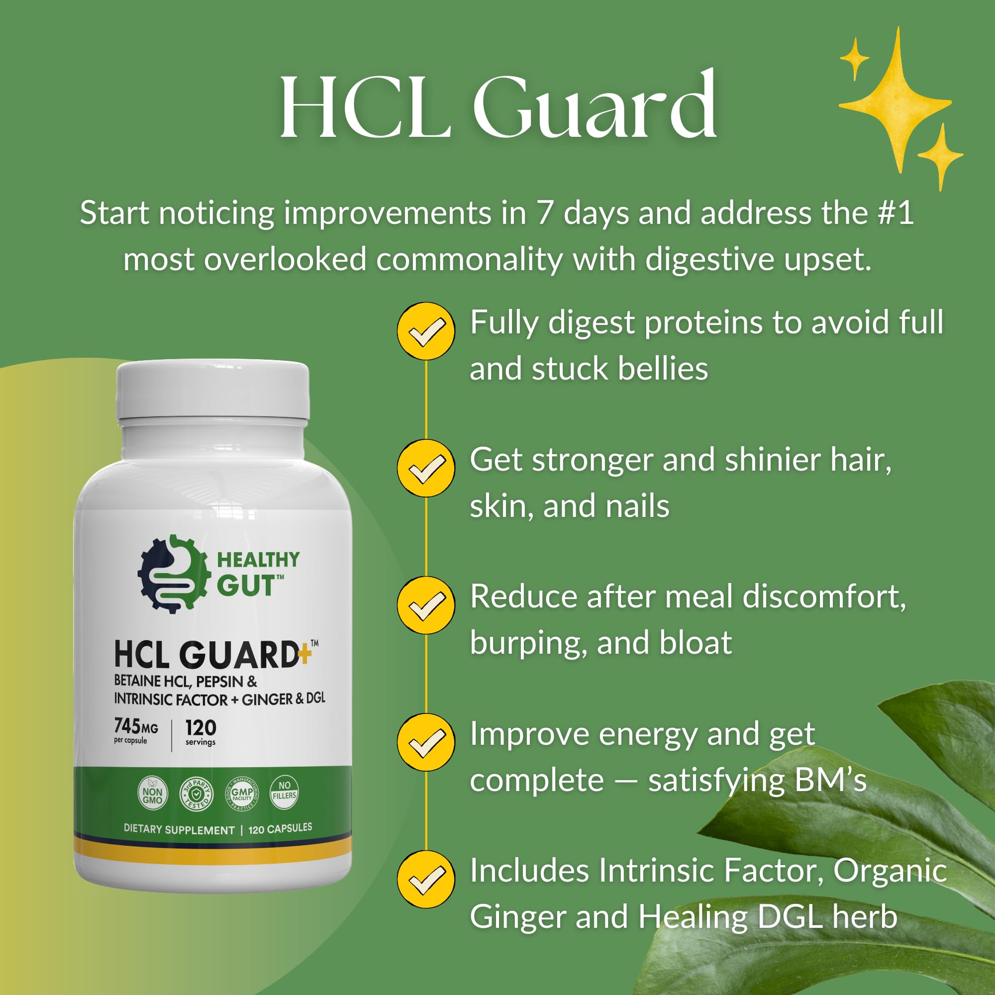 Healthy Gut HCL Guard capsules with water for easy daily meal support.