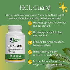 Healthy Gut HCL Guard capsules with water for easy daily meal support.