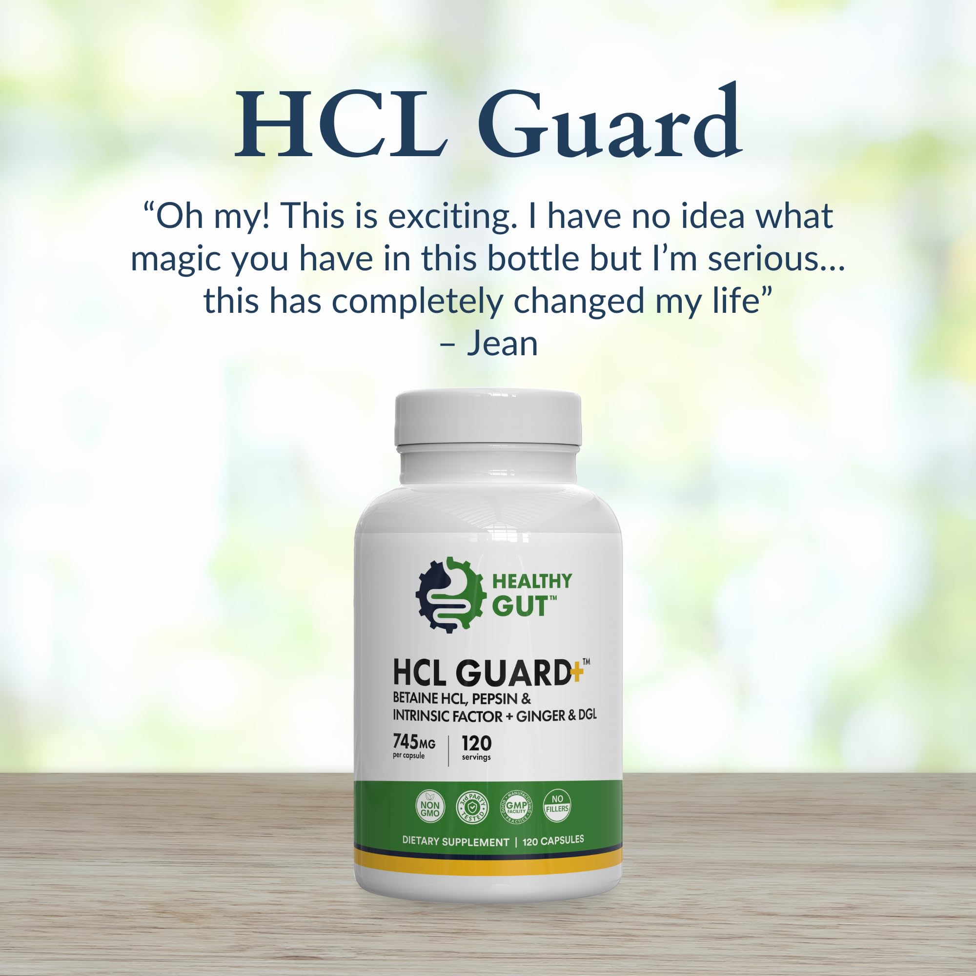 Ginger root and DGL icon appear beside Healthy Gut HCL Guard on label.