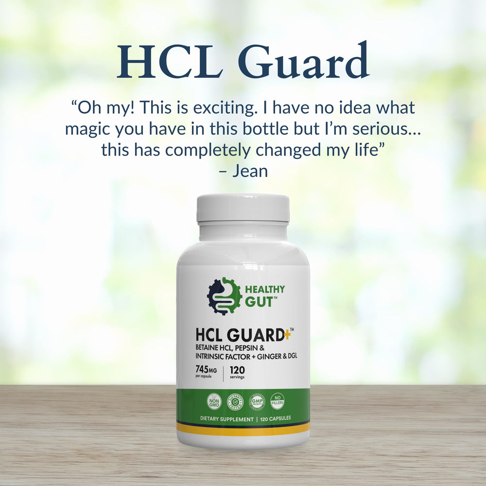Ginger root and DGL icon appear beside Healthy Gut HCL Guard on label.