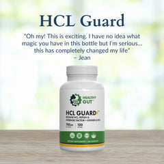 Ginger root and DGL icon appear beside Healthy Gut HCL Guard on label.