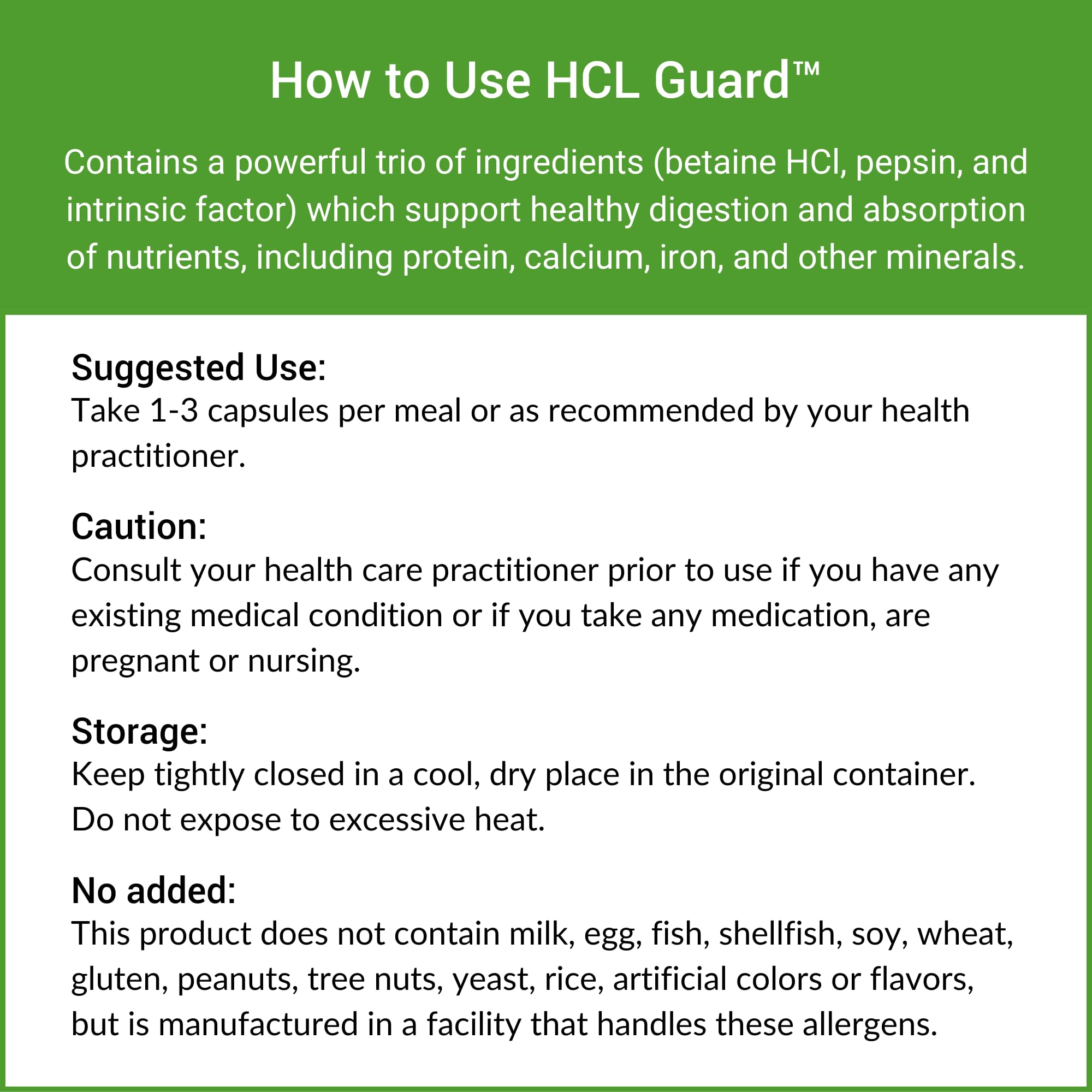 Close-up of no fillers and allergen-free claim on Healthy Gut HCL Guard.