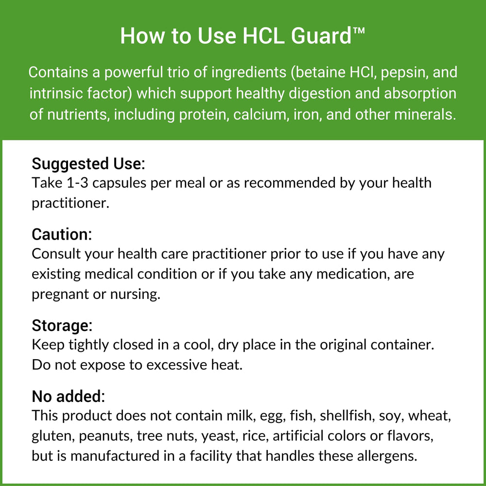 Close-up of no fillers and allergen-free claim on Healthy Gut HCL Guard.