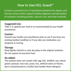 Close-up of no fillers and allergen-free claim on Healthy Gut HCL Guard.