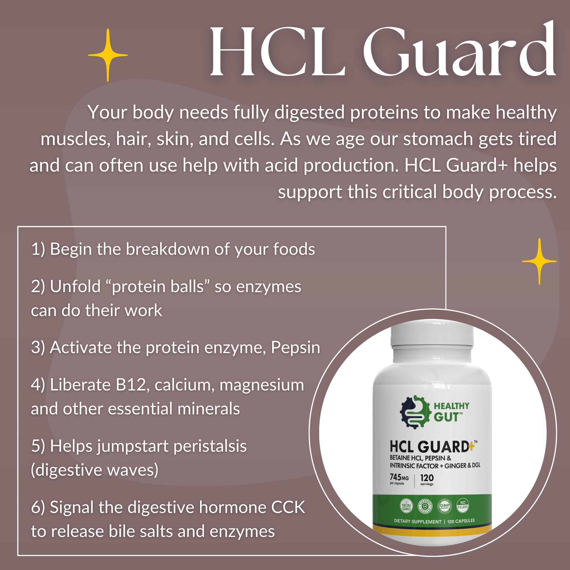 Healthy Gut HCL Guard packaging on a clean counter emphasizes allergen-free formula.
