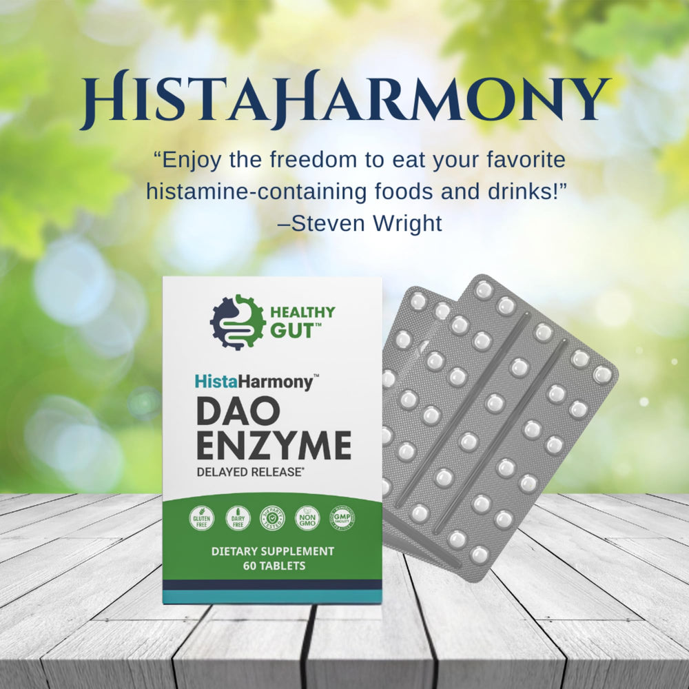 Healthy Gut HistaHarmony artificial additives-free badge on packaging.