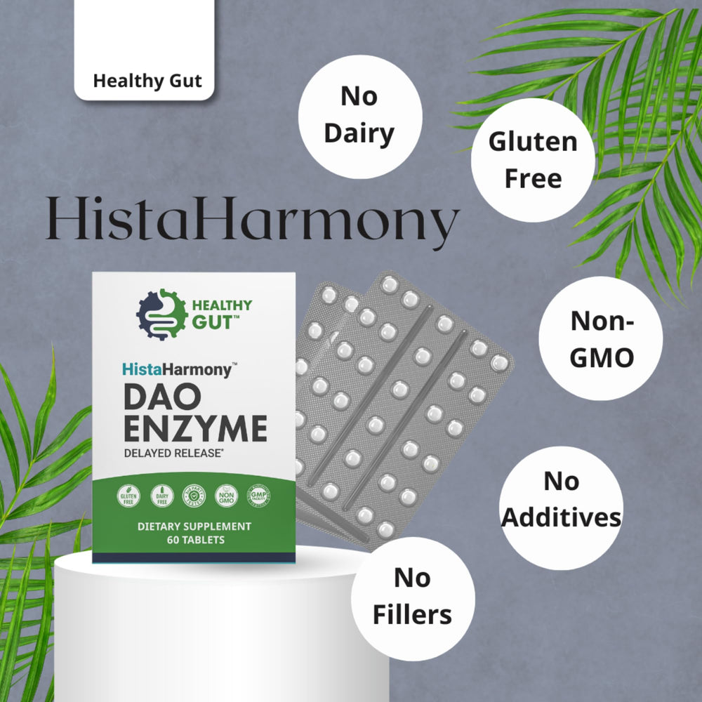 Healthy Gut HistaHarmony enteric-coated tabs pass safely to the intestine.