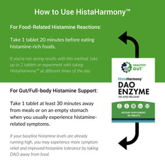 Healthy Gut HistaHarmony serving size chart with 60 servings per bottle.