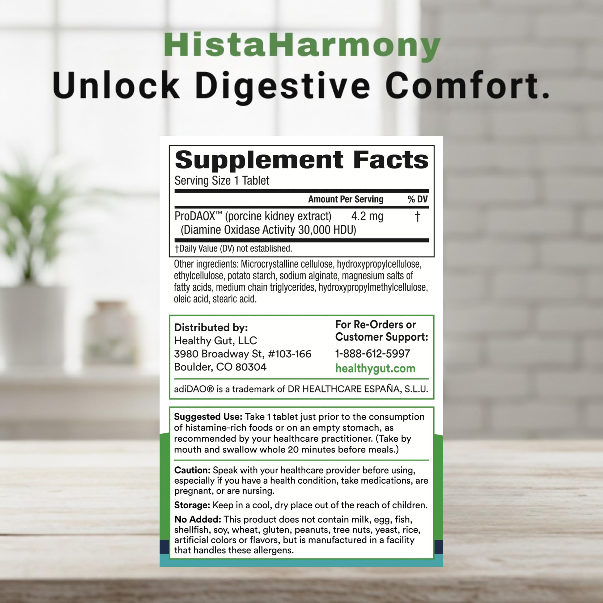 Healthy Gut HistaHarmony tablets closeup showing compact enteric-coated design.