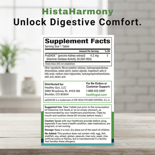 Healthy Gut HistaHarmony tablets closeup showing compact enteric-coated design.