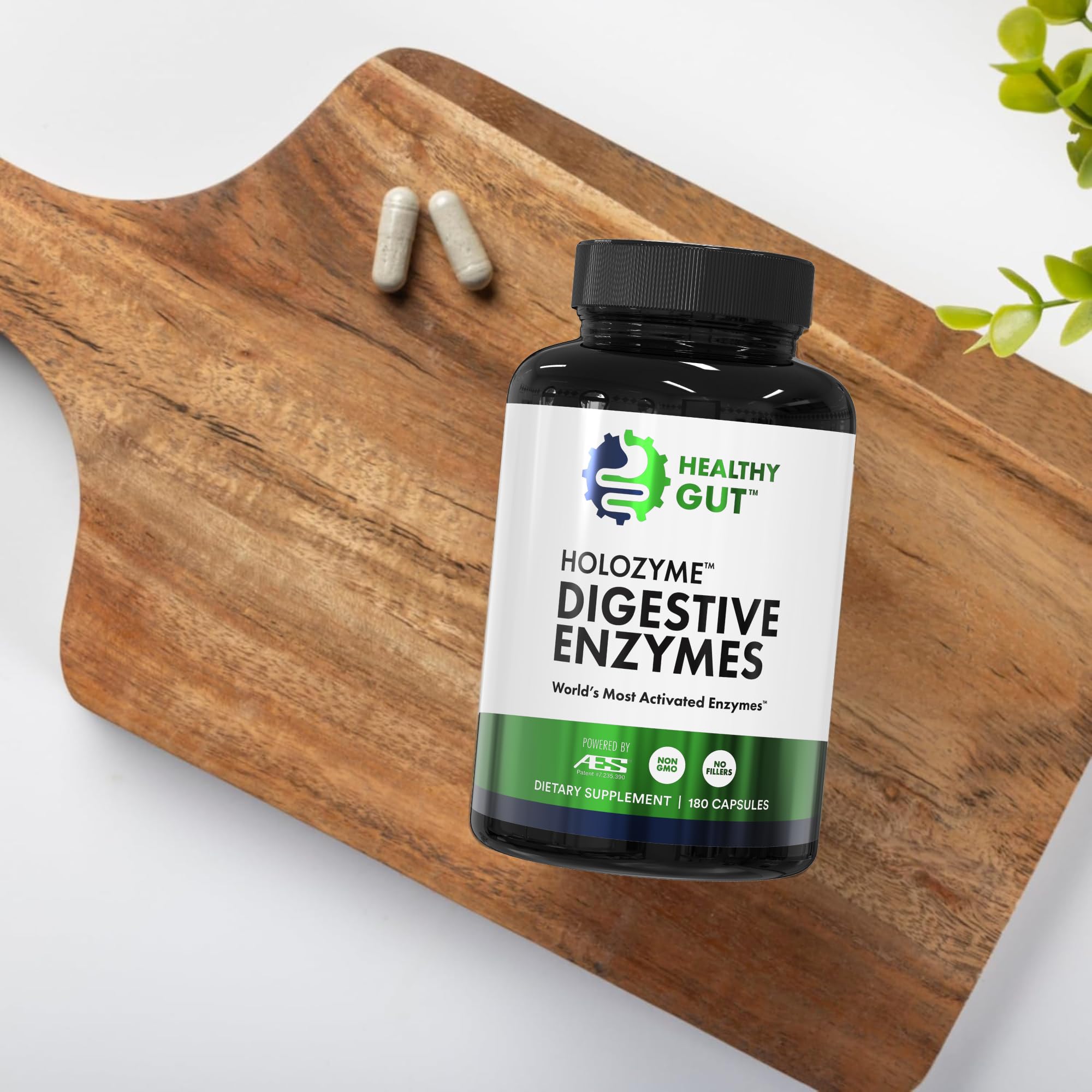 Healthy Gut HoloZyme bottle back reveals full ingredients and pH range.