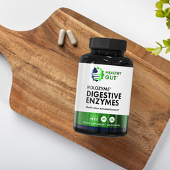 Healthy Gut HoloZyme bottle back reveals full ingredients and pH range.