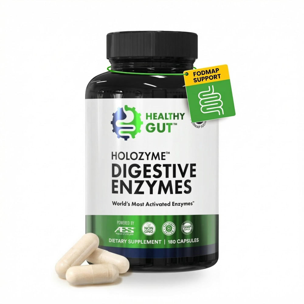 Healthy Gut HoloZyme bottle pour supports convenient daily enzyme use with meals.