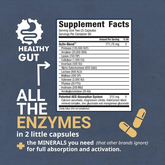 Healthy Gut HoloZyme capsules closeup highlights fast-acting digestive enzymes.