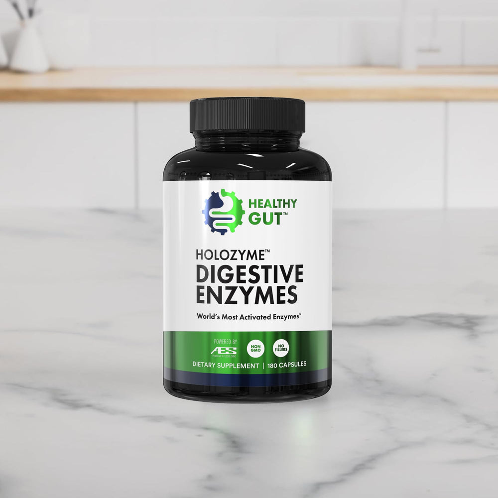 Healthy Gut HoloZyme daily-use image suggests routine digestive enzyme support.