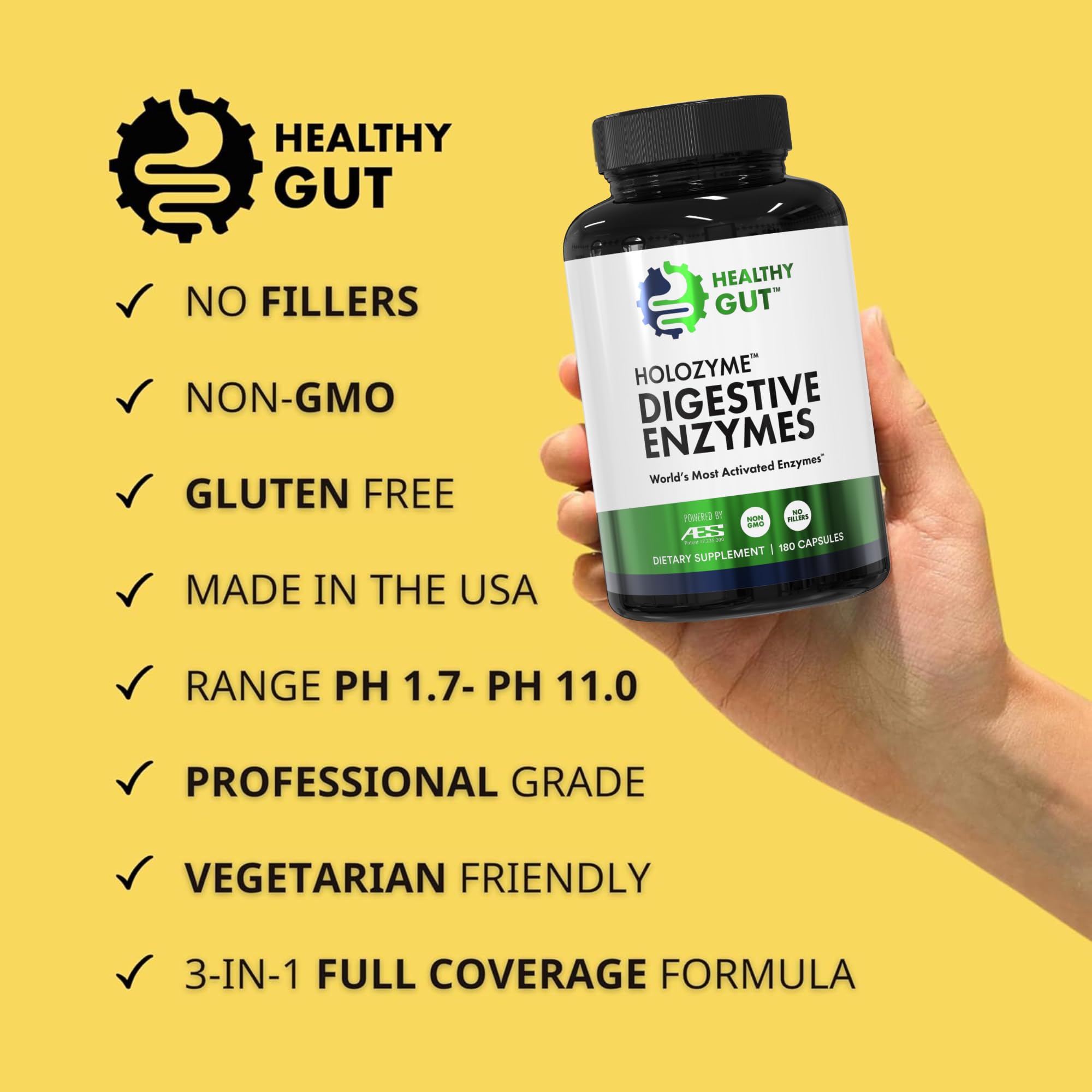 Healthy Gut HoloZyme box and bottle used with meals for digestive comfort.