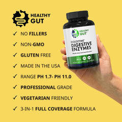 Healthy Gut HoloZyme box and bottle used with meals for digestive comfort.