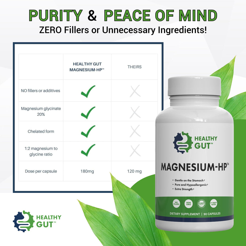 Healthy Gut Magnesium-HP bottle pour, easy daily capsule routine.