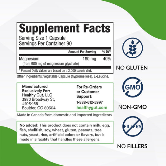 Healthy Gut Magnesium-HP capsules closeup, 180 mg glycinate for gentle absorption.