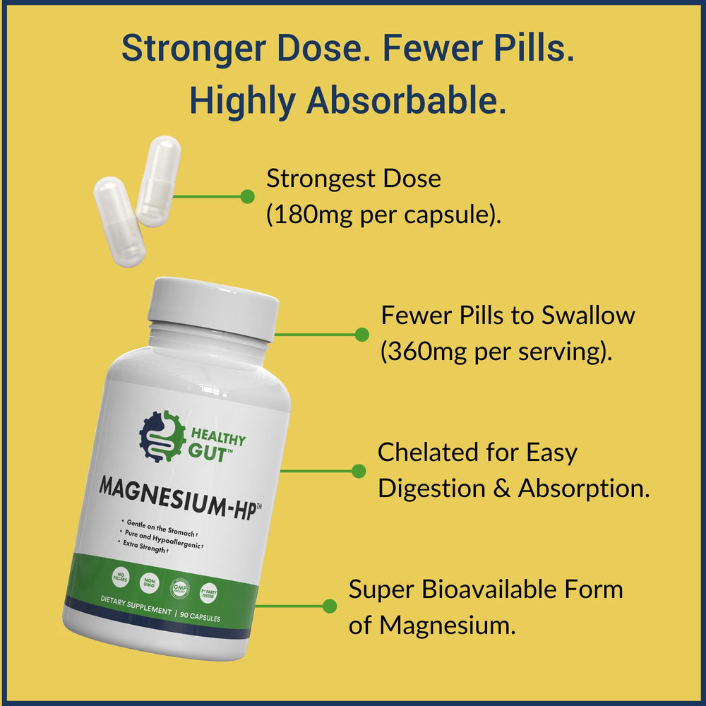 Healthy Gut Magnesium-HP label detail, zero fillers and Canadian production.