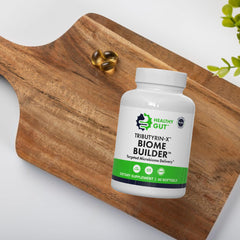 Healthy Gut Tributyrin-X bottle with 30 softgels for daily regimen.