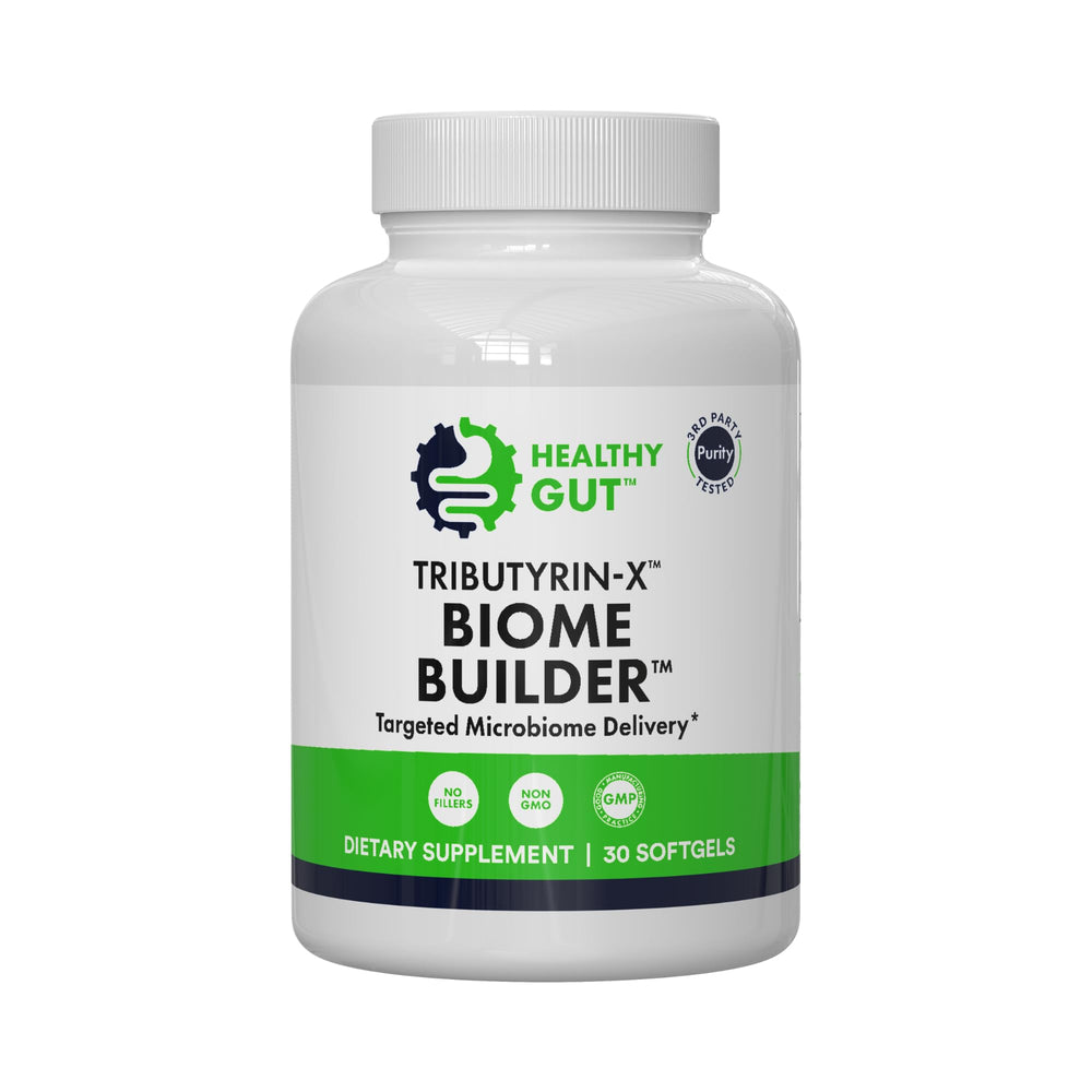 Healthy Gut Tributyrin-X bottle highlights odorless postbiotic support for gut comfort.