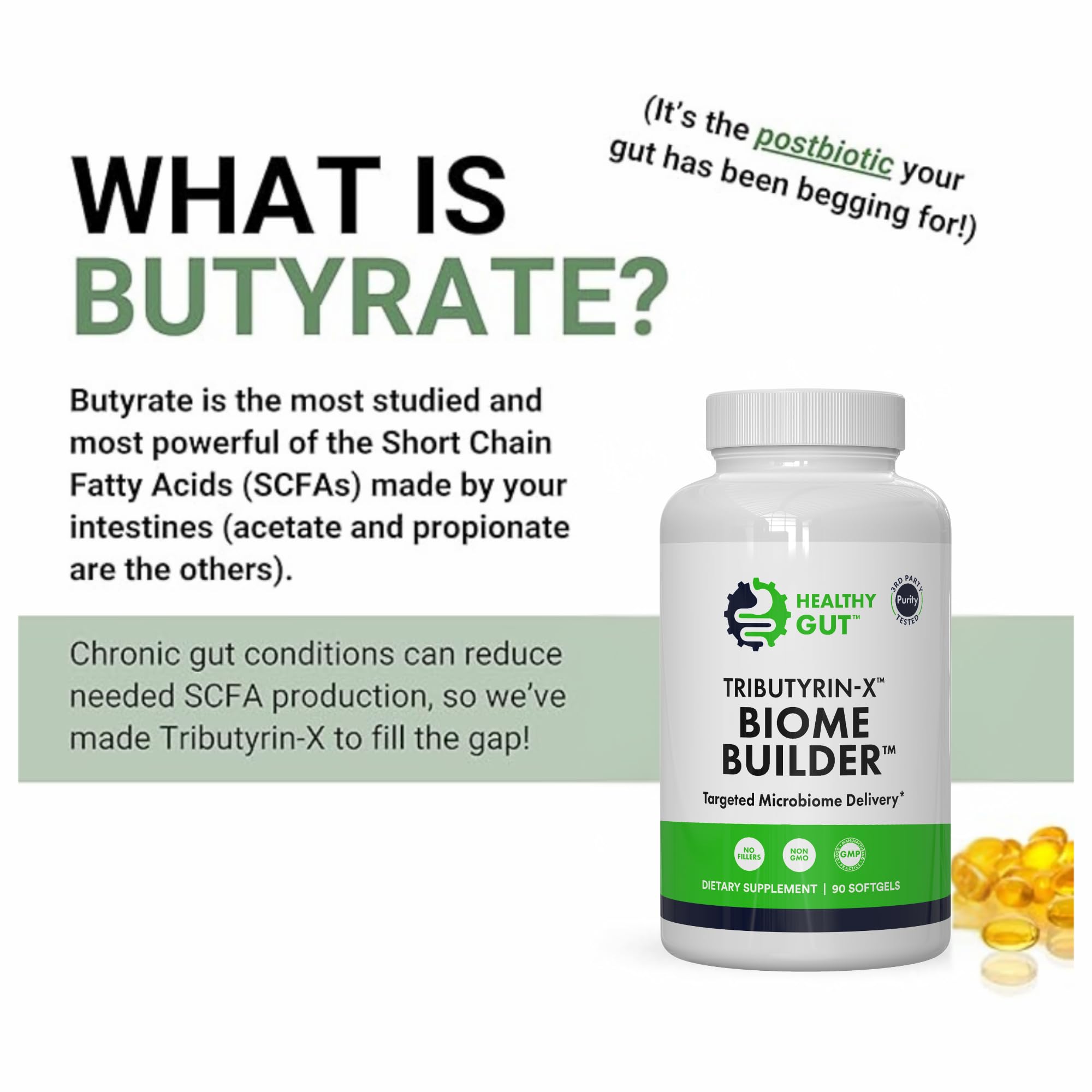 Ingredients panel on Healthy Gut Tributyrin-X packaging highlighting no additives