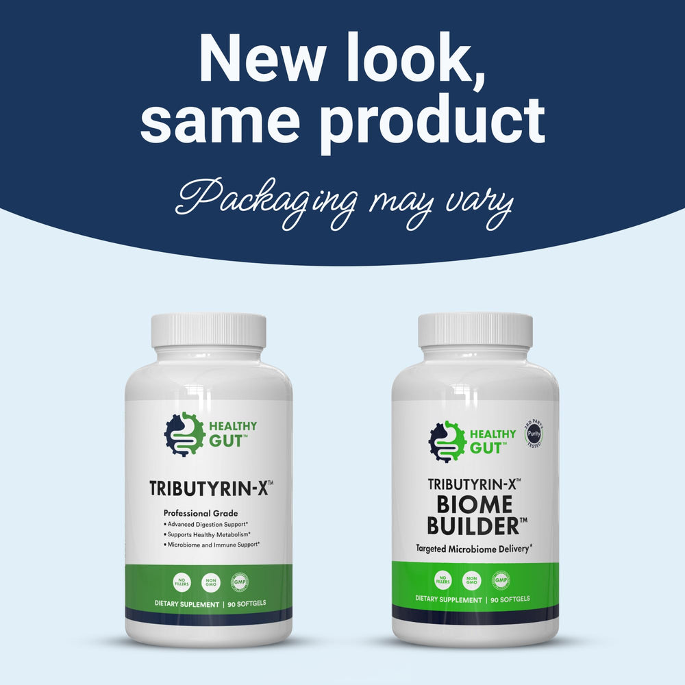 Healthy Gut Tributyrin-X label showing pure postbiotic formula for gut health