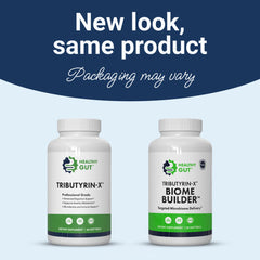 Healthy Gut Tributyrin-X label showing pure postbiotic formula for gut health