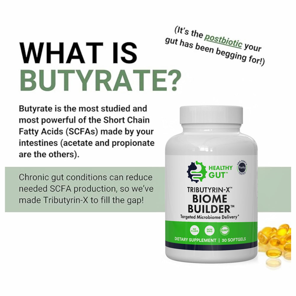 Healthy Gut Tributyrin-X label emphasizes no additives and gluten-free formulation.